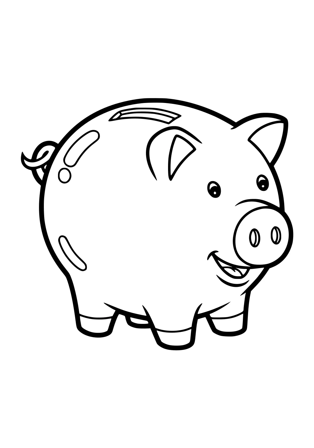 Cartoon pig with a coin slot on its back, smiling, curly tail, short legs, and visible shine marks on the round body.