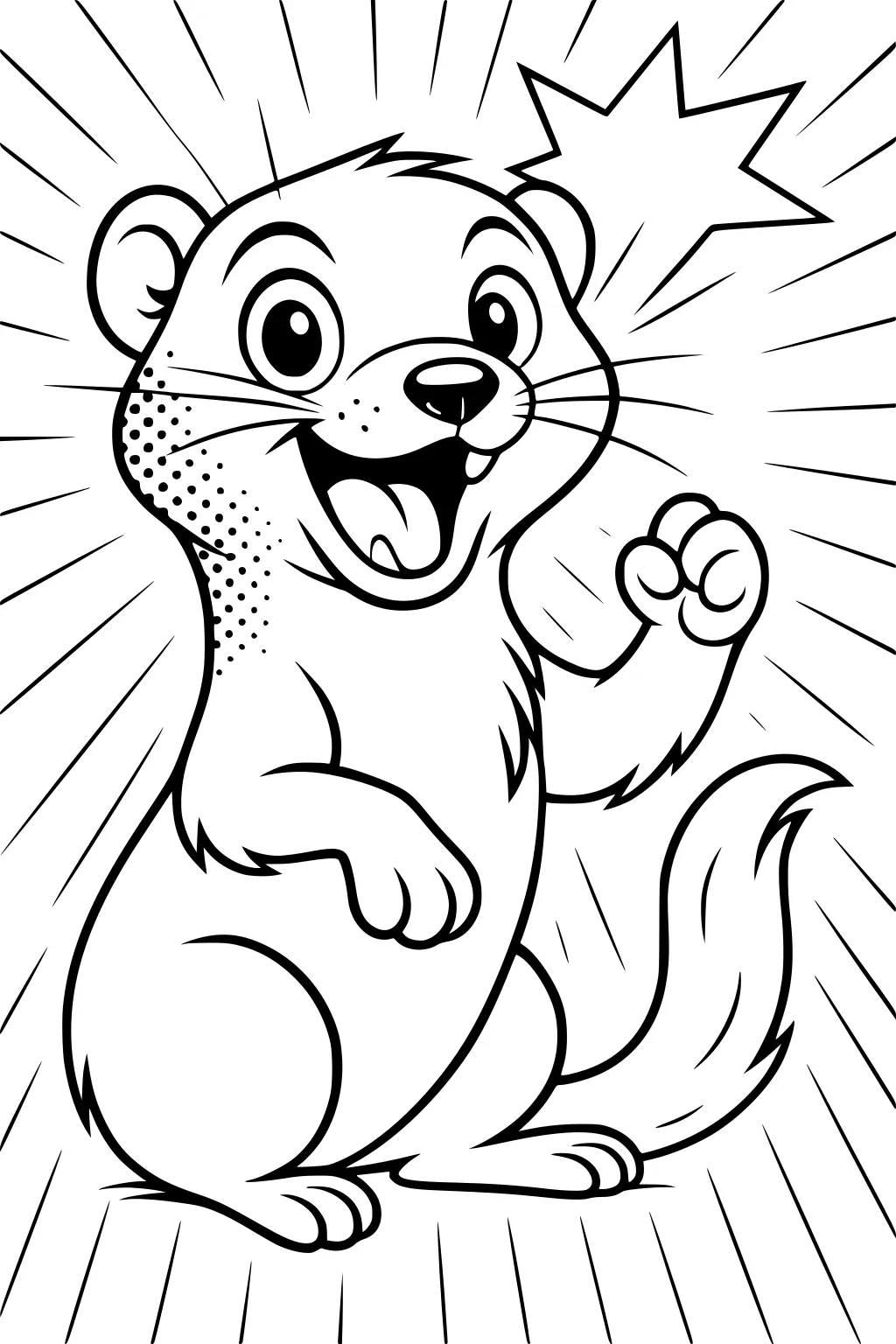 Cartoon ferret smiling and waving with starburst lines radiating out and a speech bubble star above its head.
