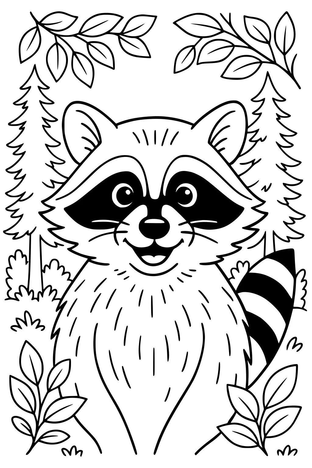 Smiling raccoon with striped tail surrounded by pine trees and leafy branches in a forest.