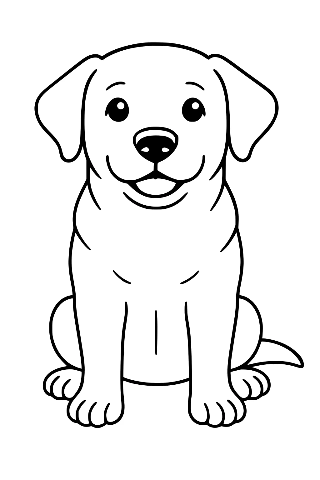 Cartoon puppy sitting and smiling, floppy ears, big nose, four paws in front, tail to the side.