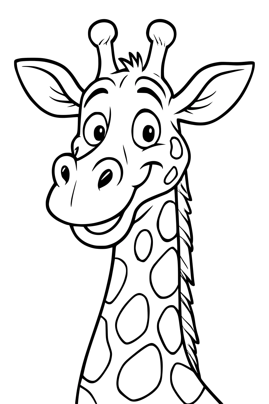 Cartoon giraffe head with big smile, large round eyes, two ears, short horns, and spotted neck.