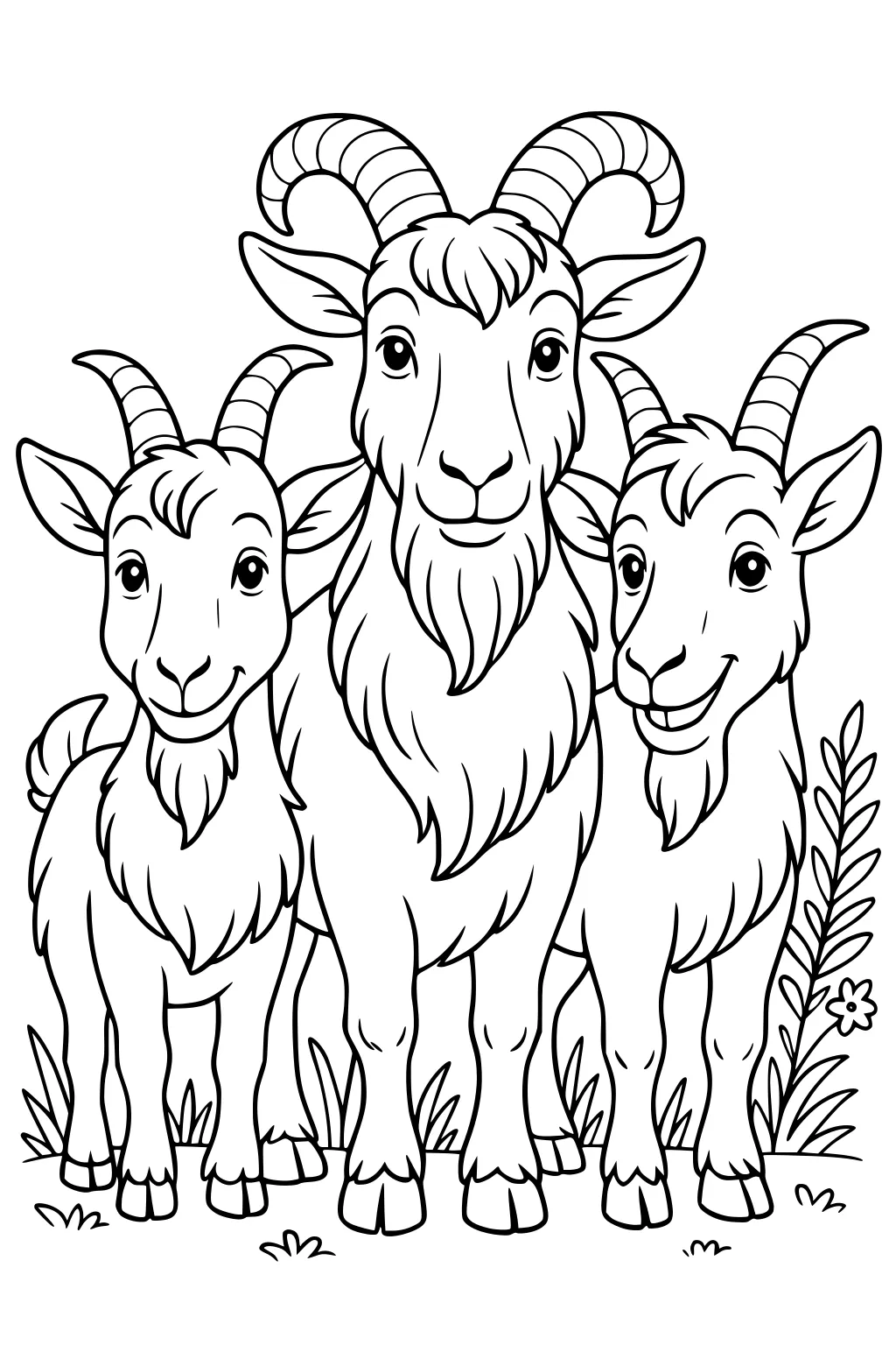 Three smiling goats stand close together on grass, with plants and a flower beside them.