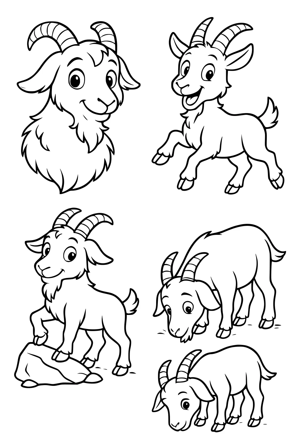 Five cartoon goats with big horns in different playful poses, including grazing, prancing, and smiling.