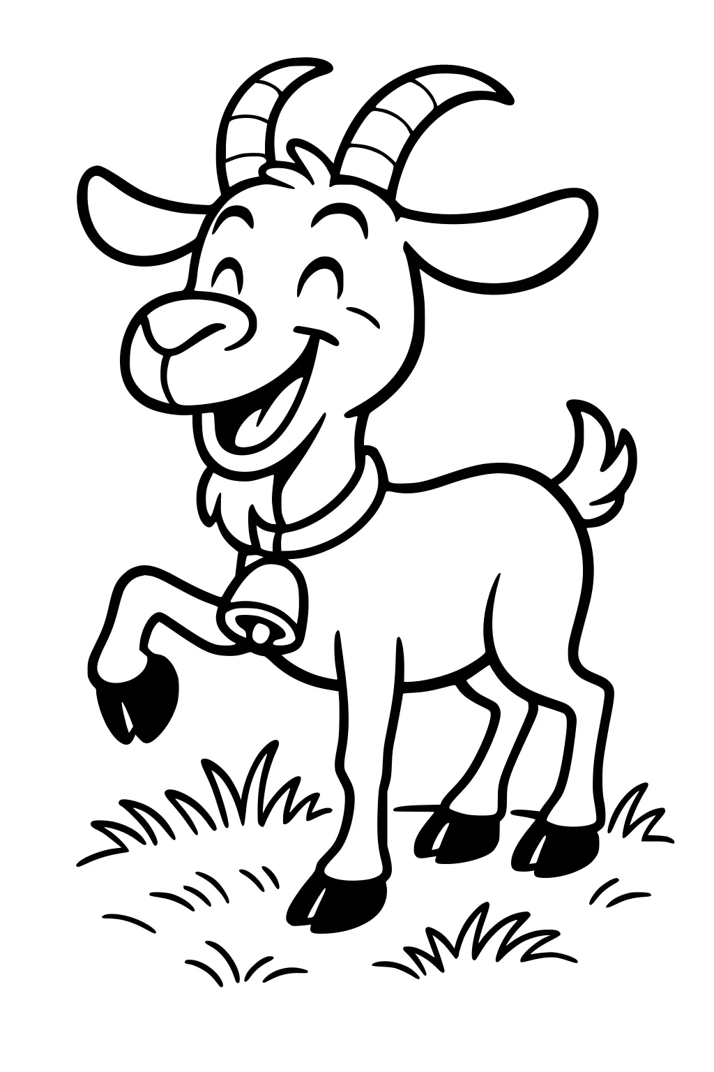 Cartoon goat with big horns, bell collar, and raised front hoof standing on grass, smiling with eyes closed.
