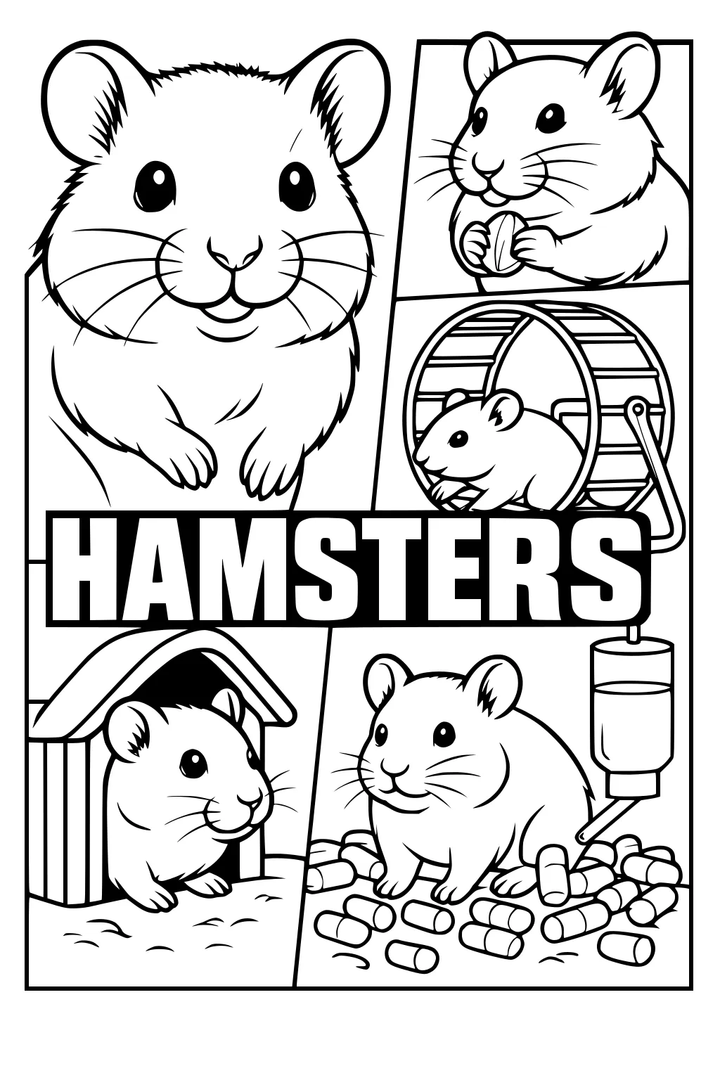 Five hamsters in separate comic panels: eating, running in a wheel, sitting in a hut, and next to water and food.
