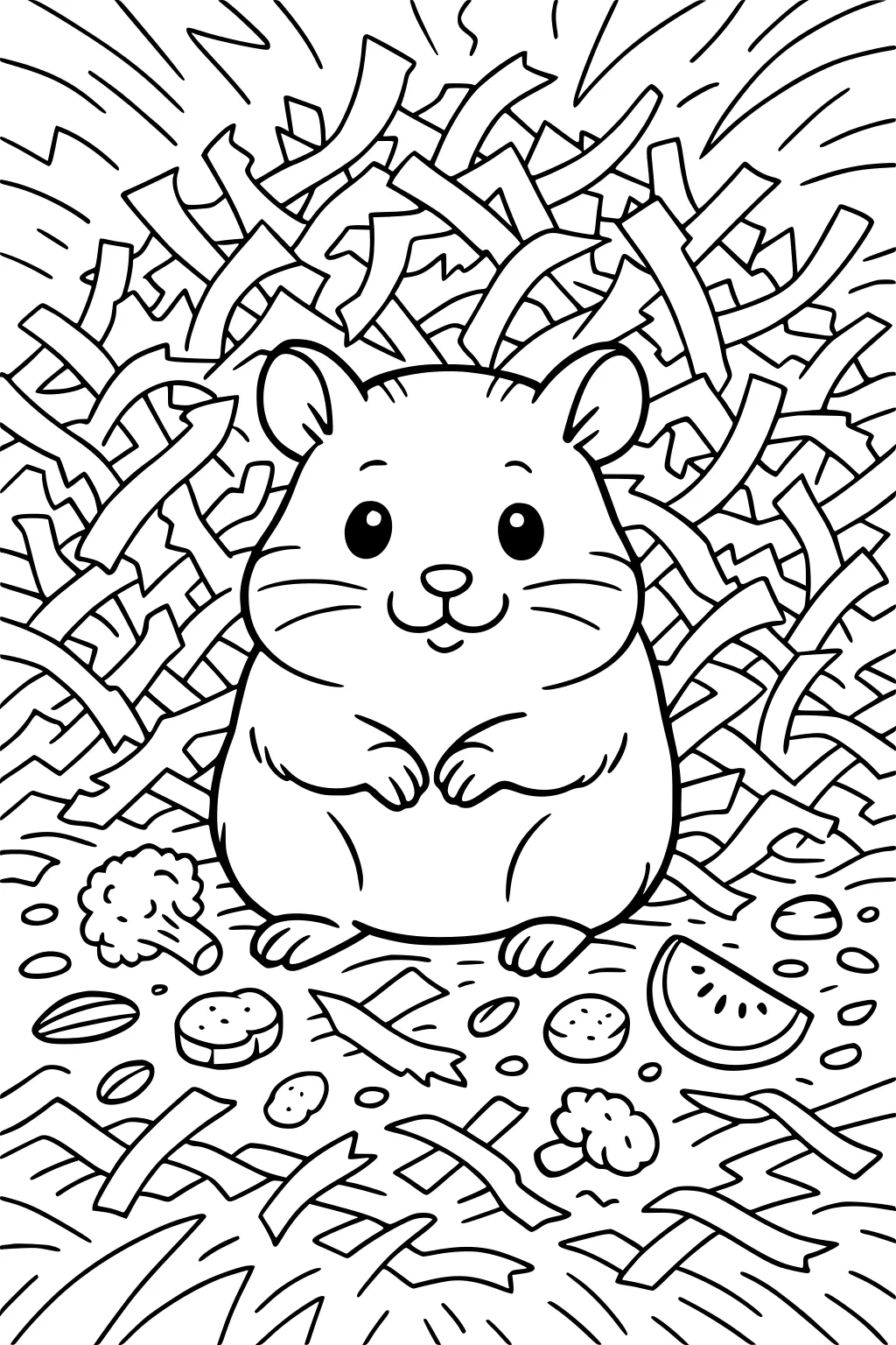 Chubby hamster sitting on shredded paper bedding, surrounded by snacks like broccoli, watermelon, crackers, and seeds.