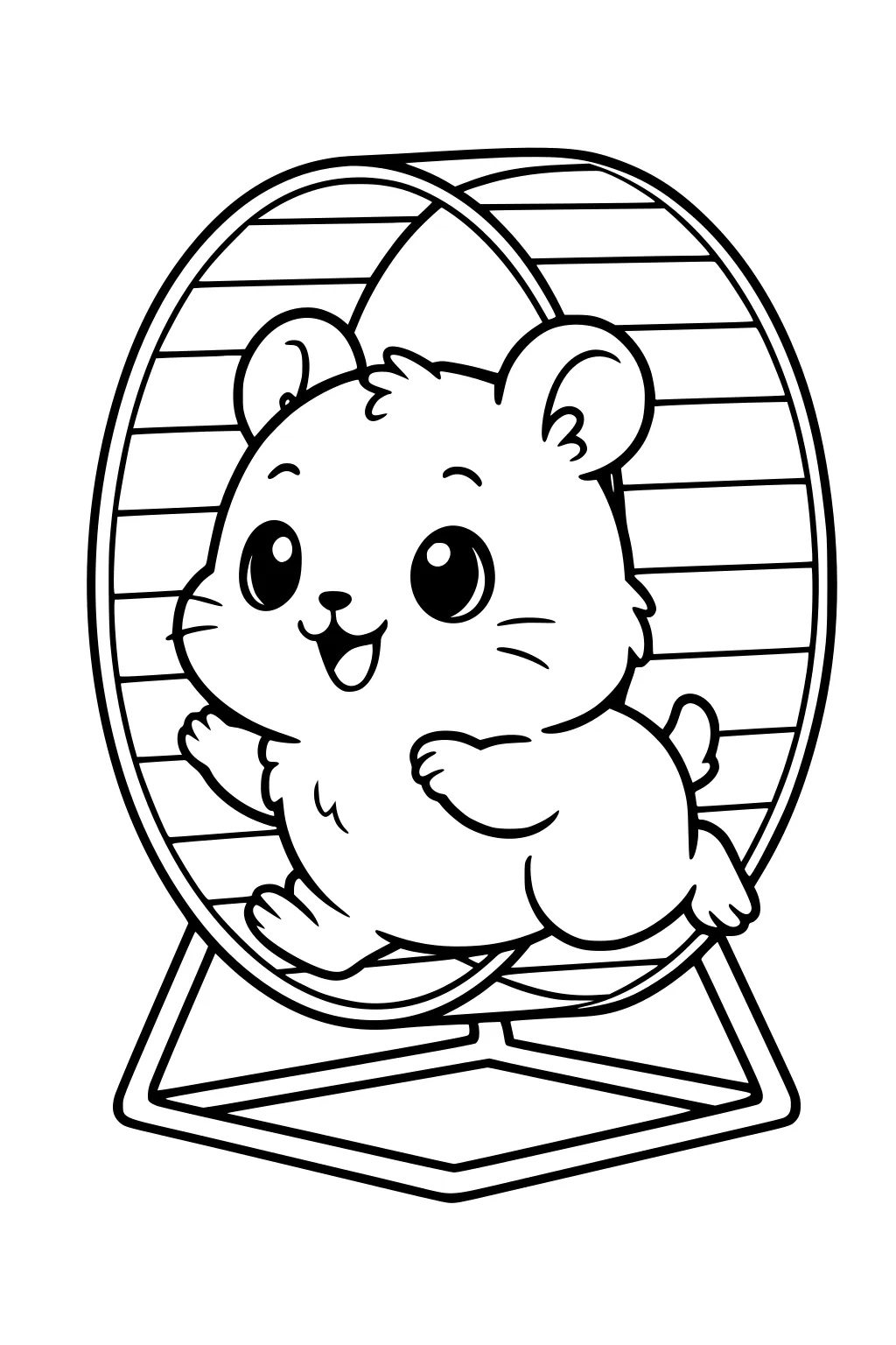 Happy hamster running on an exercise wheel, big eyes and fluffy fur, inside a striped circular wheel frame.