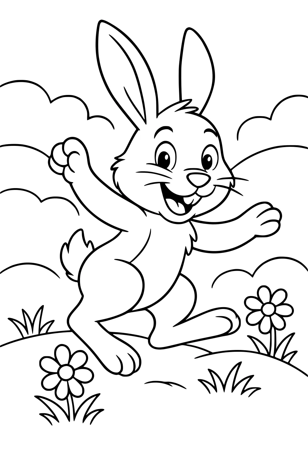 Smiling cartoon hare leaping on a grassy hill with two flowers and clouds in the background.