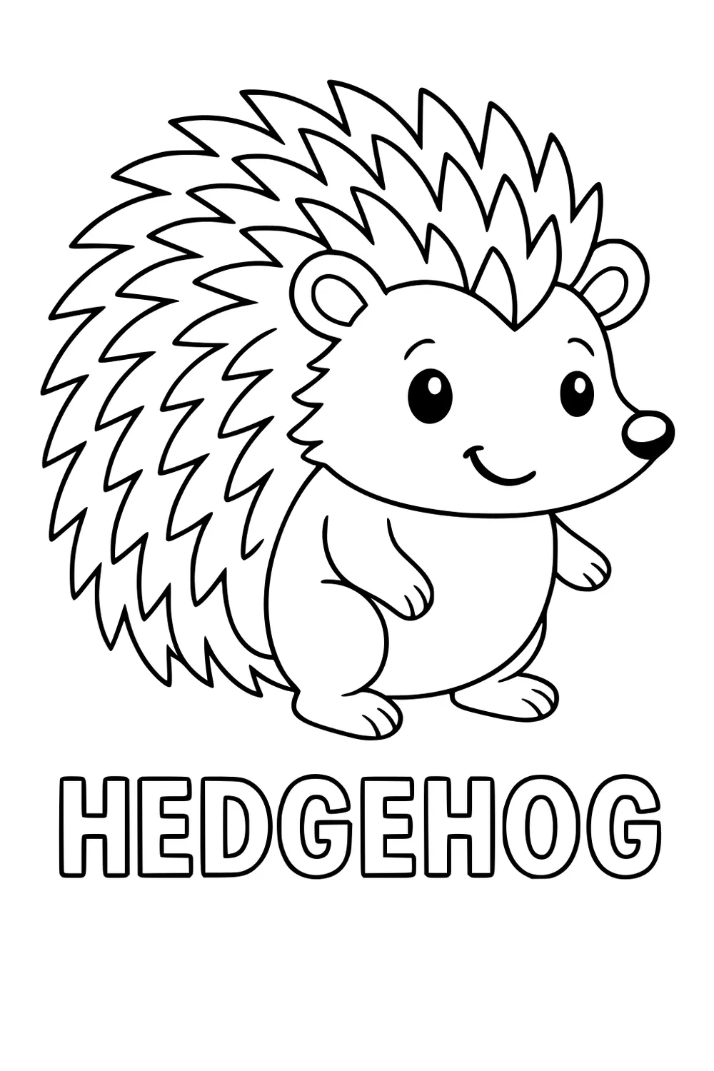 Cartoon hedgehog with spiky quills and a big smile, standing above the word HEDGEHOG in block letters.