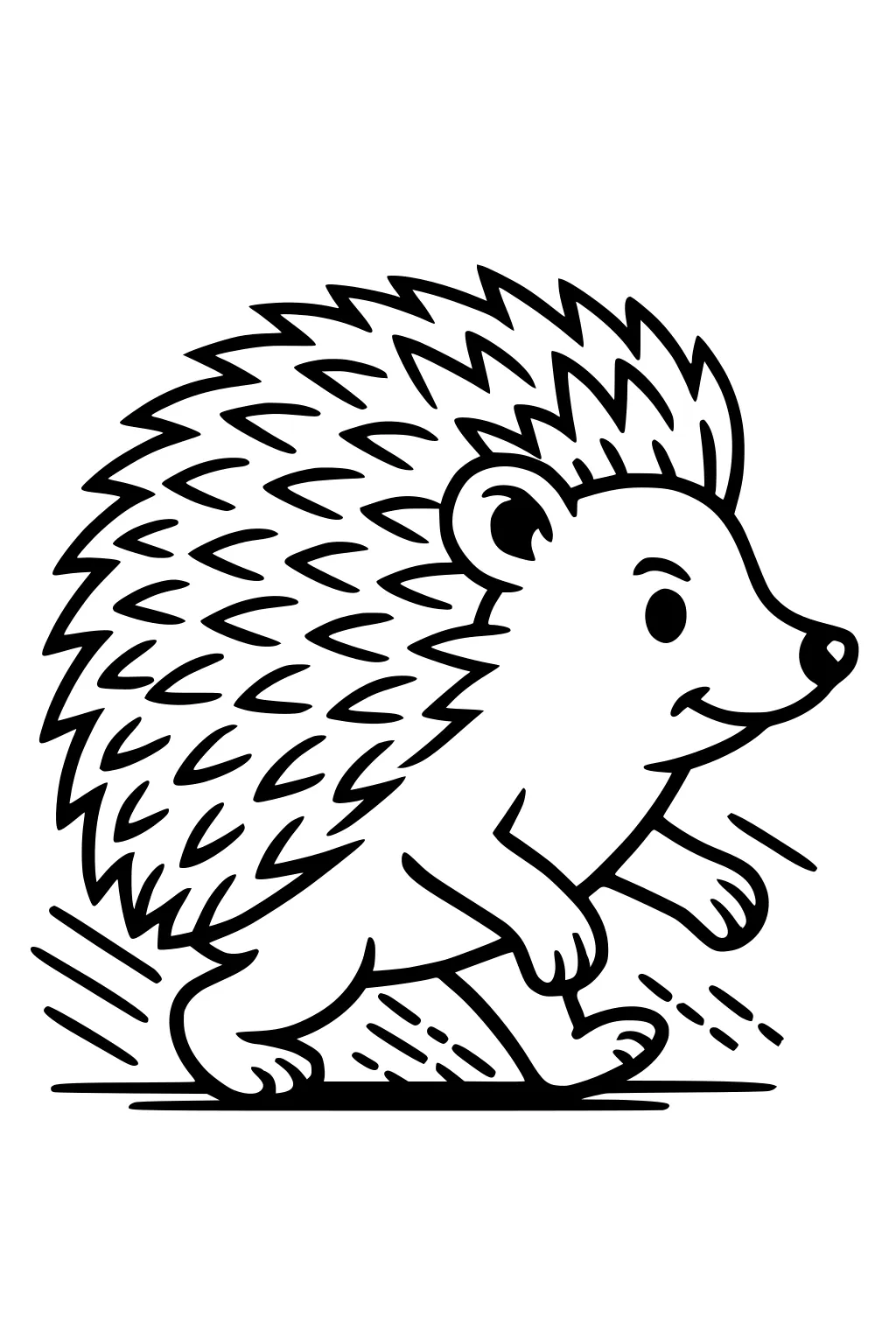 Cartoon hedgehog running with large spiky quills, smiling, and motion lines behind its feet.