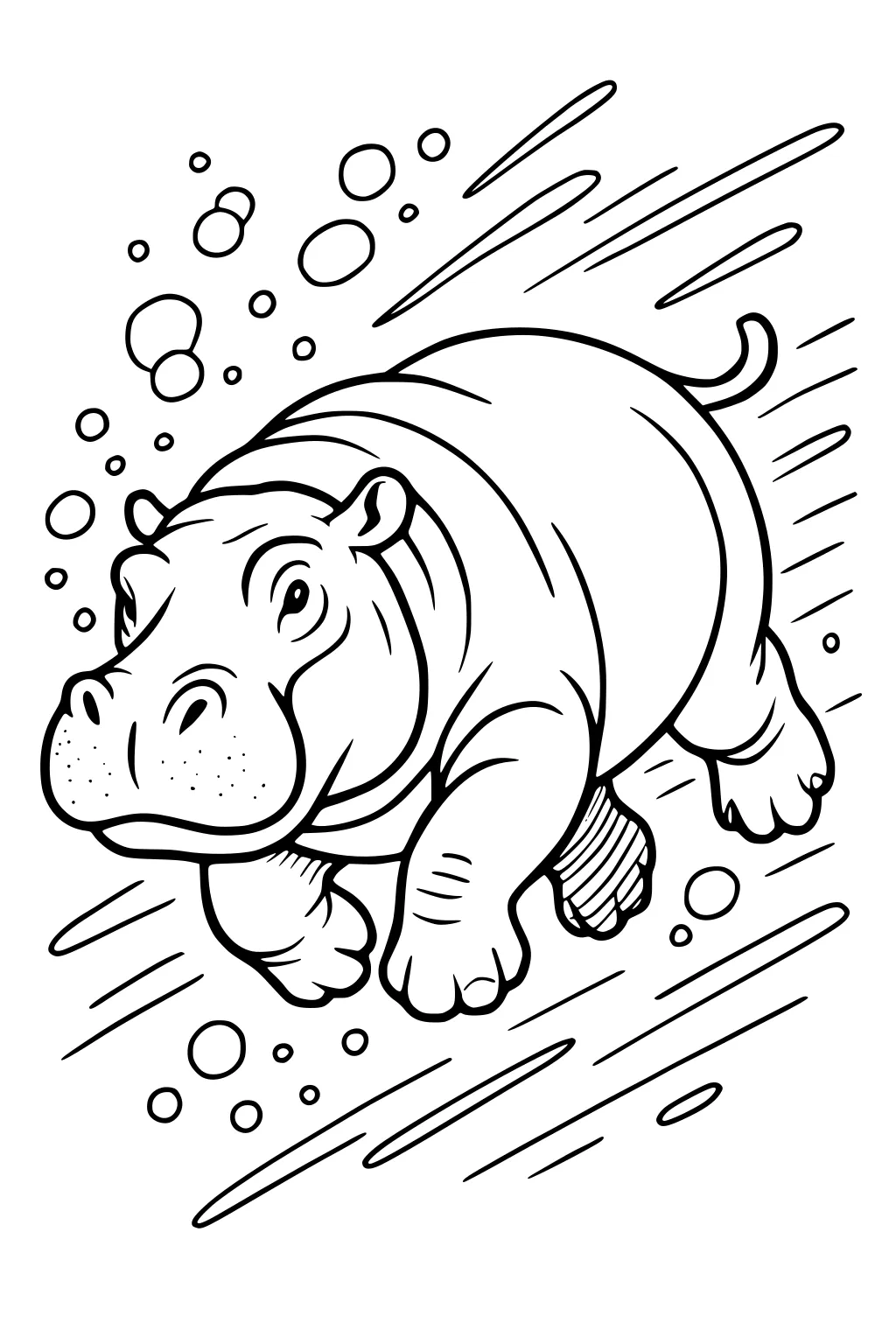 Cartoon hippopotamus swimming underwater, surrounded by bubbles and swirls, with a happy face and outstretched legs.