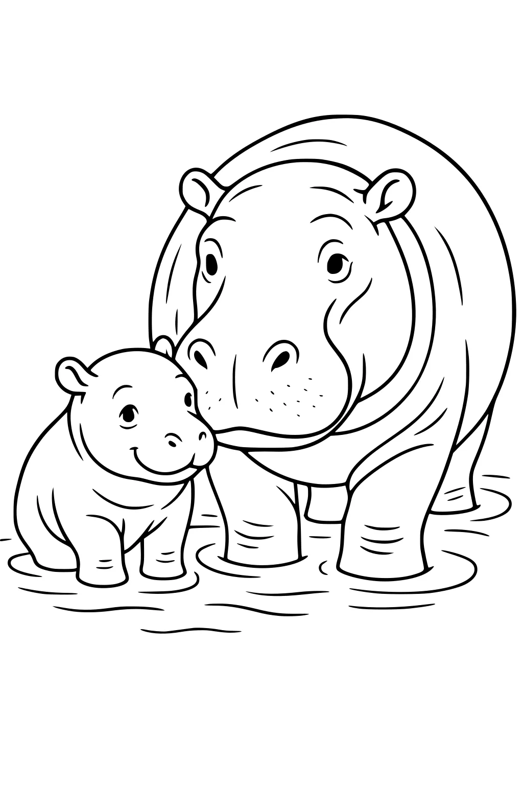 Mother hippopotamus and her baby standing side by side in shallow water, both with happy faces.