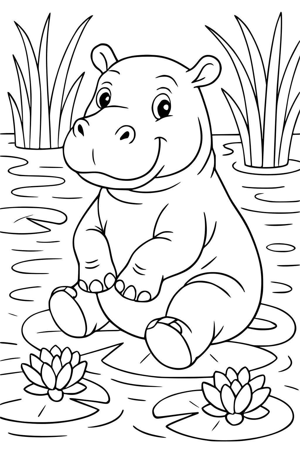 Smiling hippopotamus sitting among lily pads, water lilies, and tall grass in a peaceful pond.