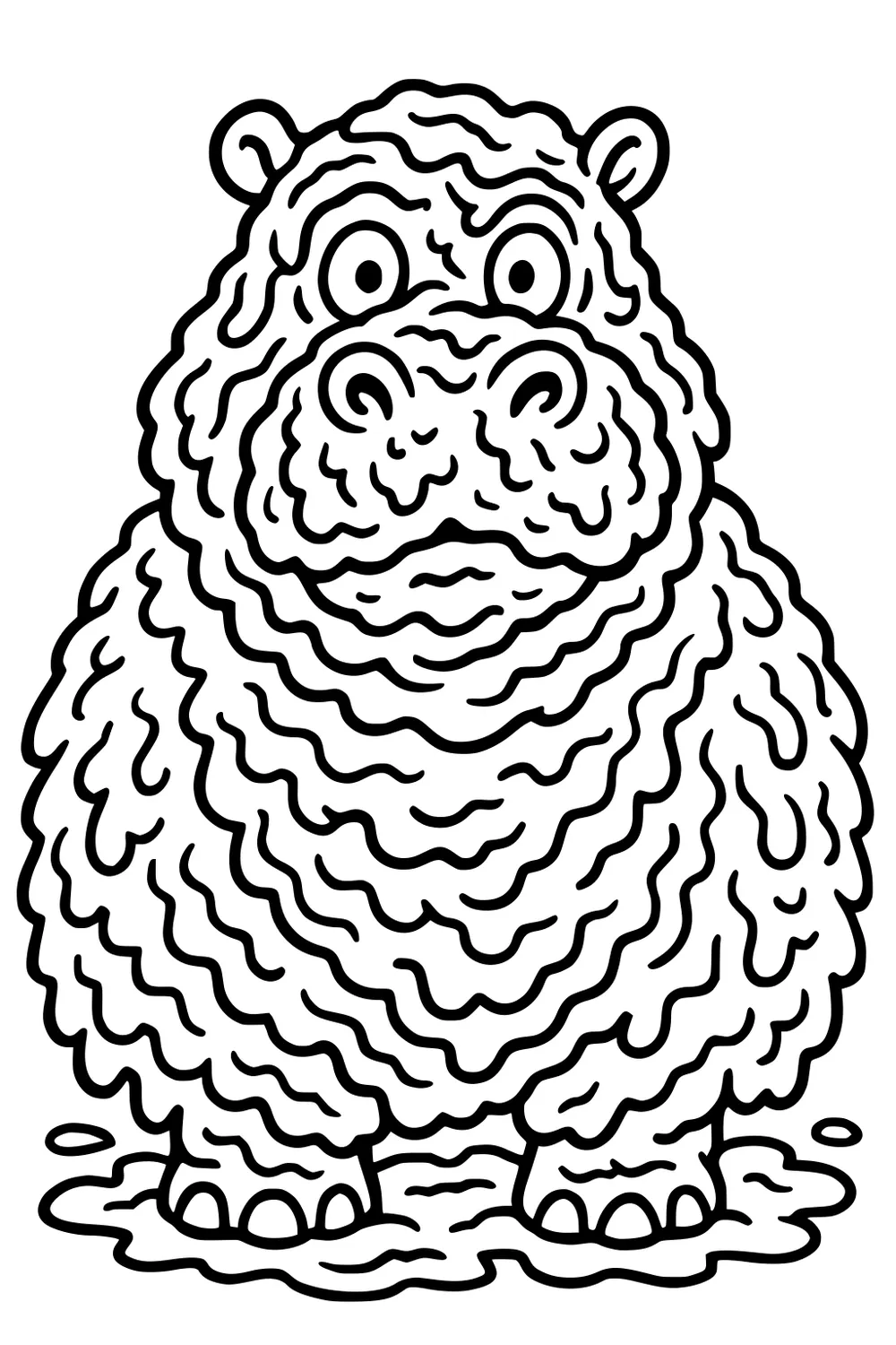 Wrinkly hippopotamus with big eyes and ears standing in a puddle, covered head to toe in wavy lines.