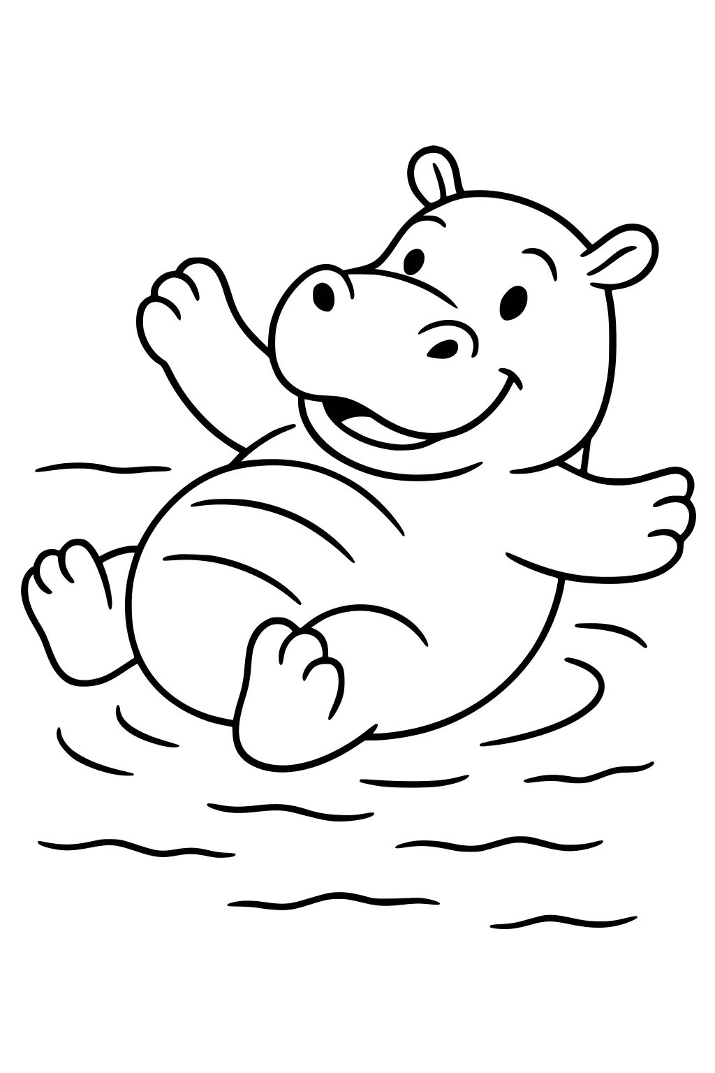 Cartoon hippopotamus floating on her back, arms and legs spread, smiling, surrounded by wavy water lines.