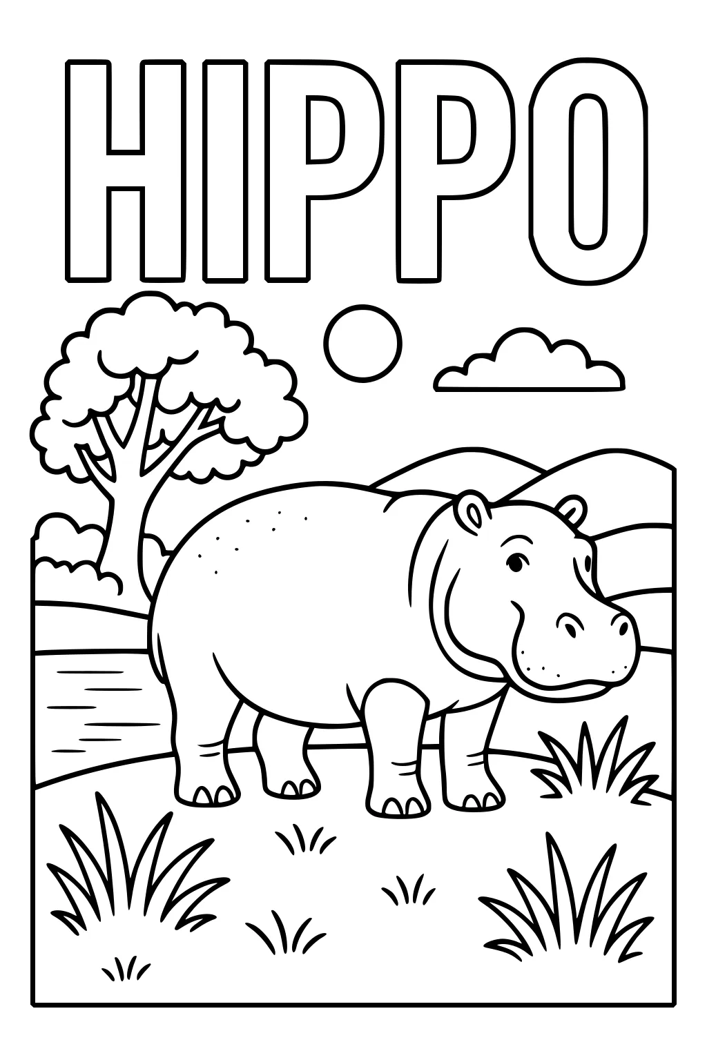 Line drawing of a hippopotamus by water, with tree, hills, clouds, sun, and HIPPO in giant letters above.