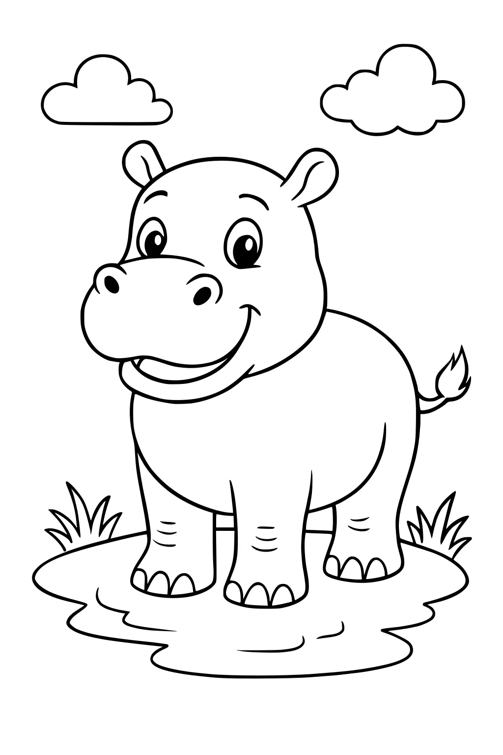 Cartoon hippo smiling in a puddle, with grass and two fluffy clouds behind him.