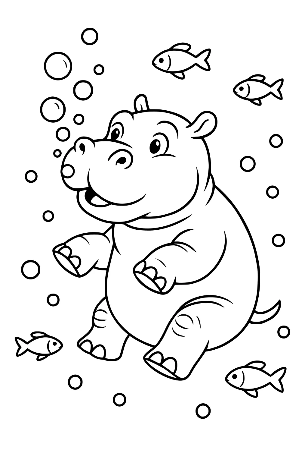 Smiling hippo underwater with bubbles and small fish swimming all around.
