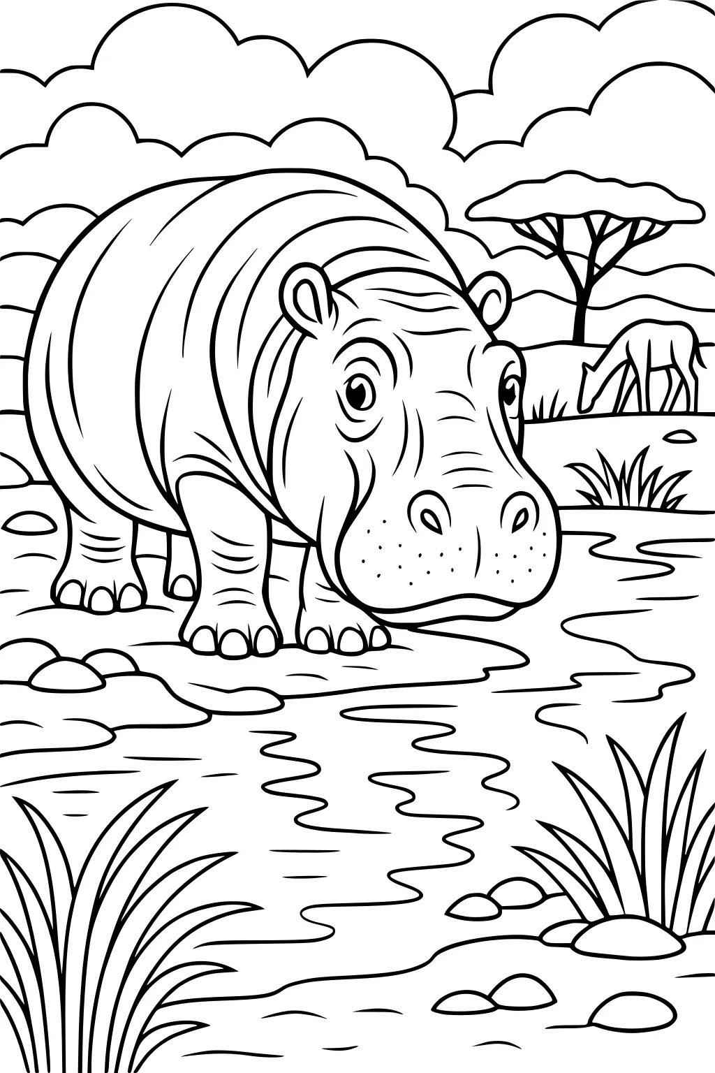 Hippo stands by a pond with a giraffe, grasses, and an acacia tree under fluffy clouds in the background.