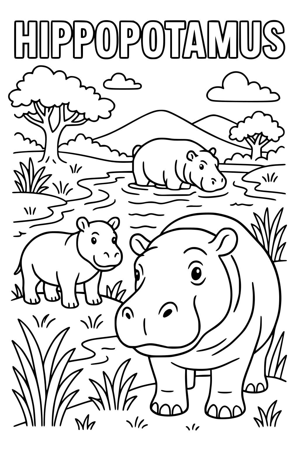 Three hippopotamuses, two on grass and one in a river, with trees, grass, mountains, and clouds in the background.
