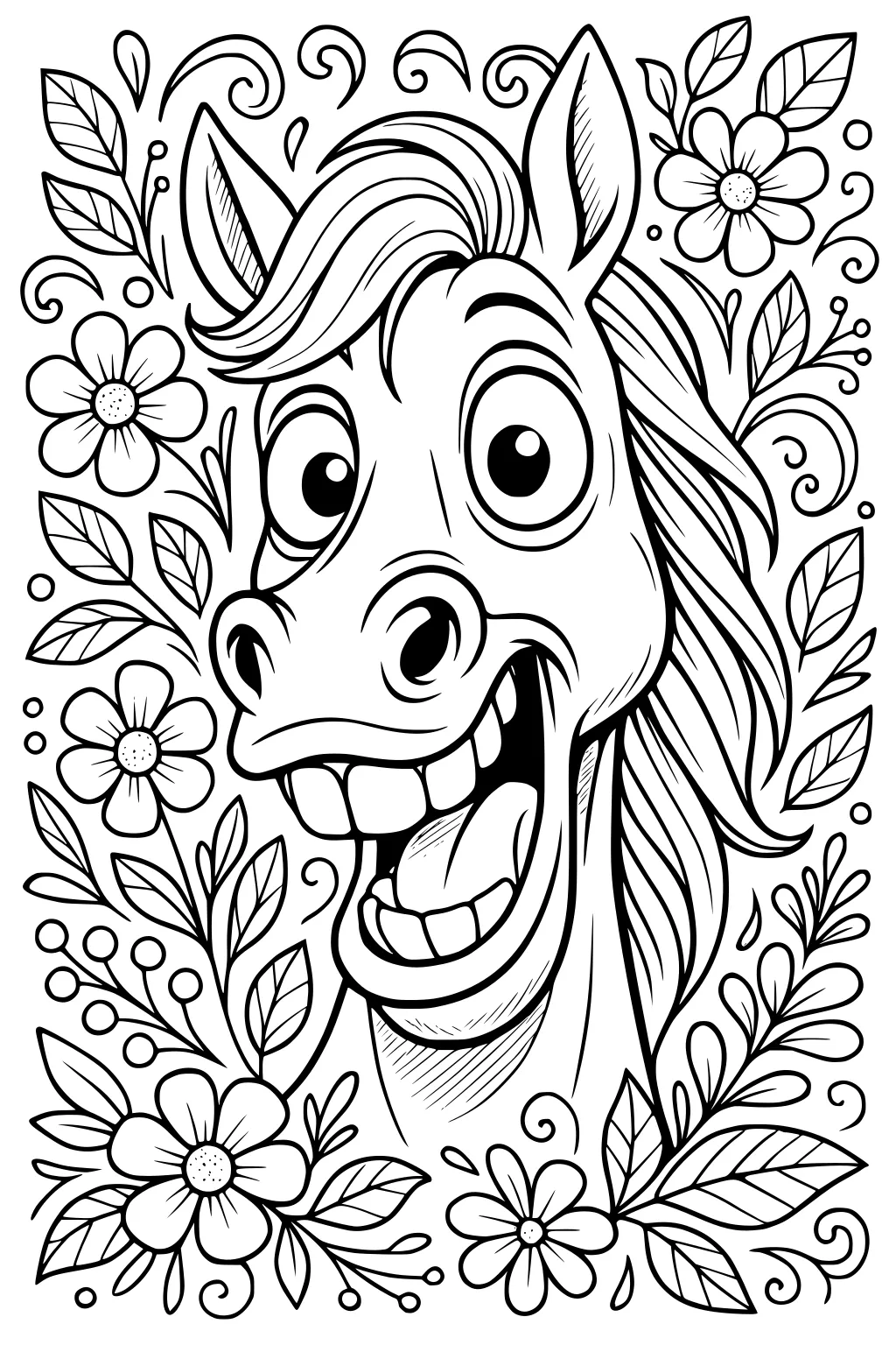 Cartoon horse with big eyes and smile, surrounded by flowers and leafy branches.