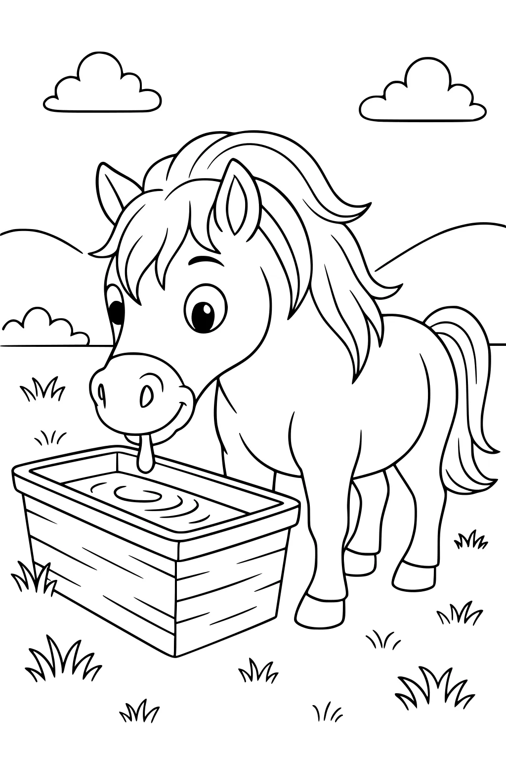 Cartoon horse with floppy mane drinking from a wooden trough in a field, with grass, clouds, and hills in the background.