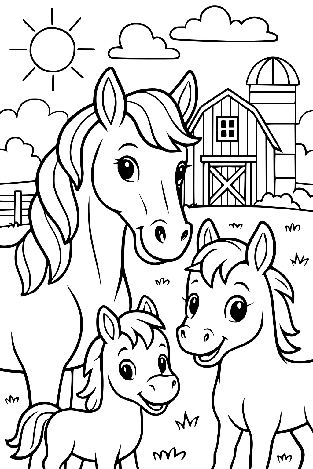 Three smiling horses in front of a barn with a sun, clouds, fence, and grass in the background.