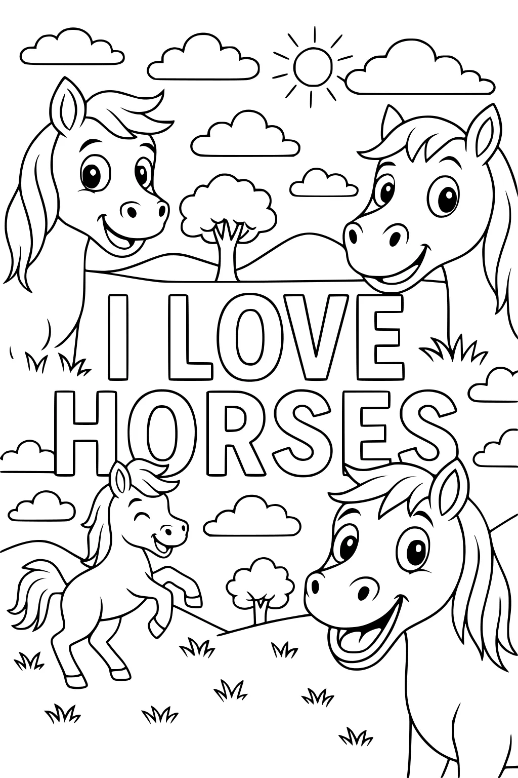 Four smiling cartoon horses, grass, clouds, trees, sun, and big block letters spelling 'I LOVE HORSES'.