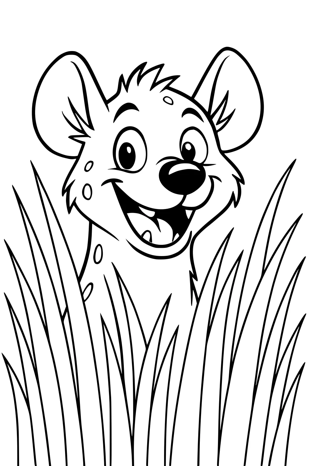 Cartoon hyena with spots and big ears grinning above tall blades of grass.
