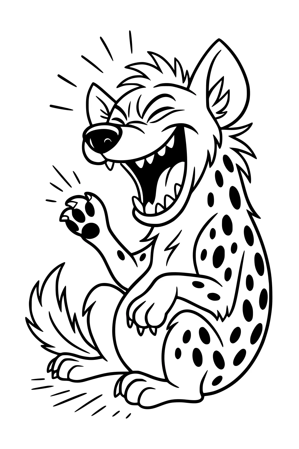 Cartoon hyena with spots sits laughing, eyes closed, mouth open, one paw up, big ears, and shaggy tail visible.