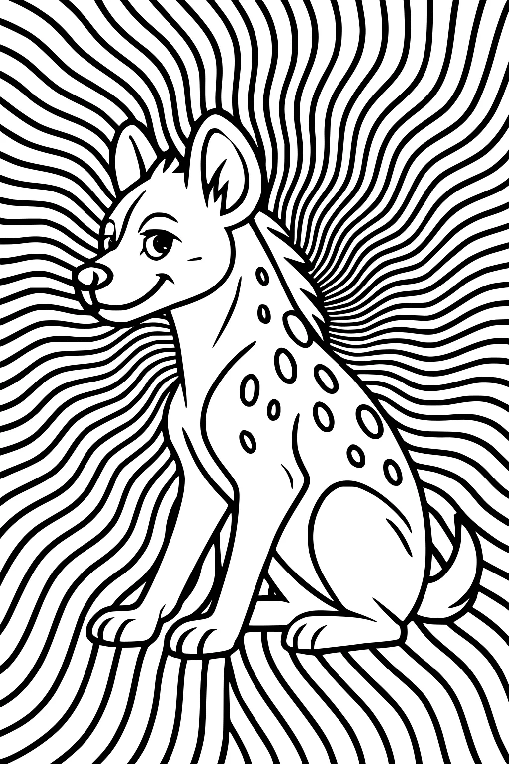 Cartoon hyena with spots sits smiling in the center, surrounded by swirling lines covering the background.