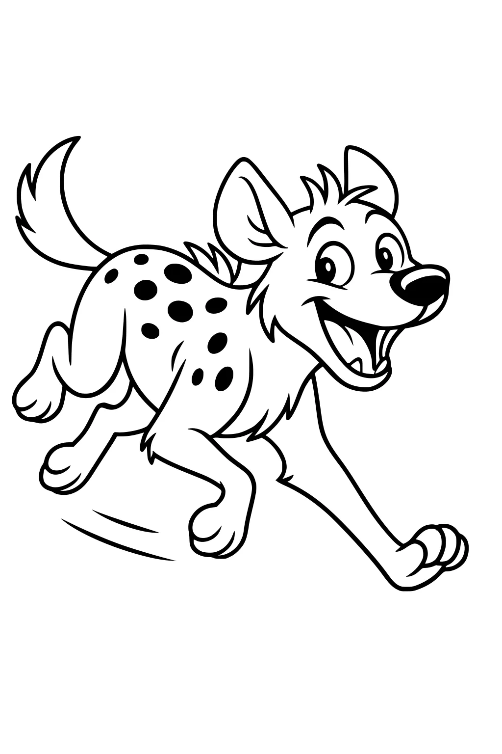 Cartoon hyena with spots running and smiling, ears up, mouth open, raised tail, big paws, and lively expression.