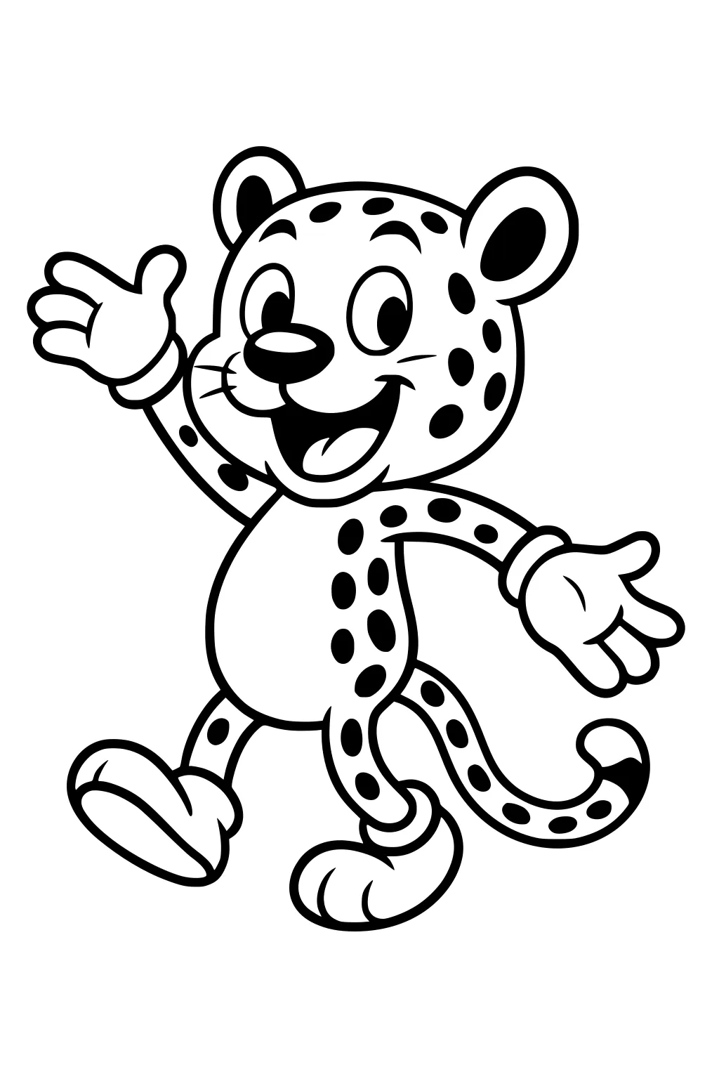 Smiling cartoon jaguar with large spots, round ears, waving arms, and a long tail curved behind his body.