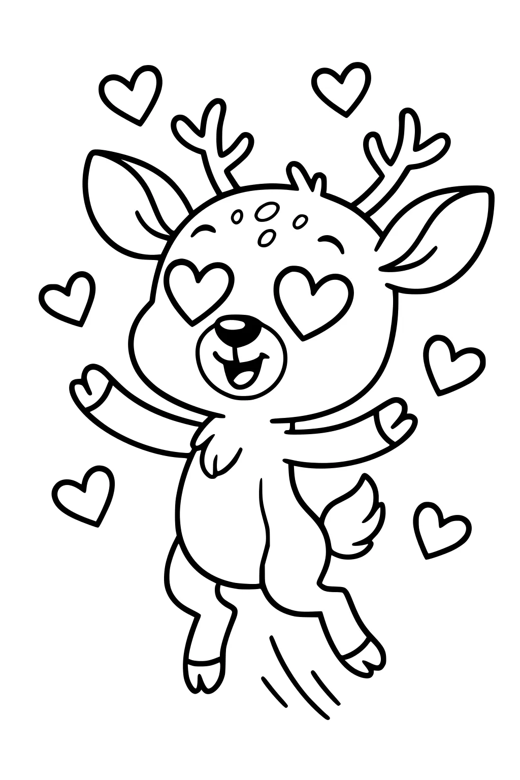 Cartoon deer jumping, eyes shaped like hearts, smiling, surrounded by floating heart shapes.