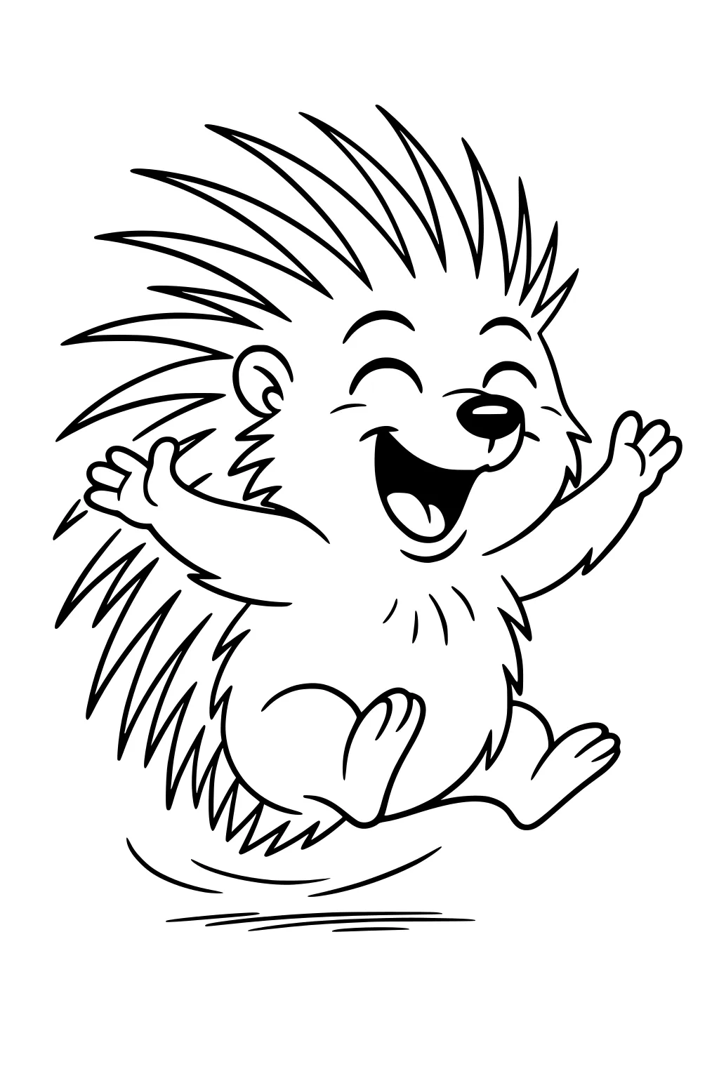 Cartoon porcupine jumping with arms out, mouth wide open, and quills sticking out in all directions.