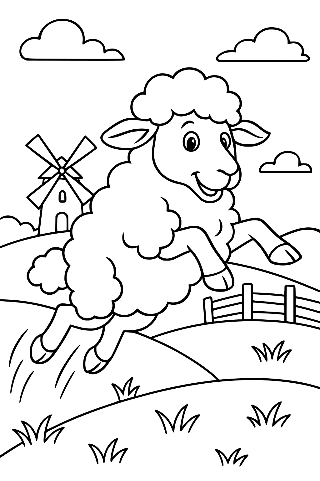 Fluffy sheep jumping over a hill, with a windmill, wooden fence, grass, and clouds in the background.