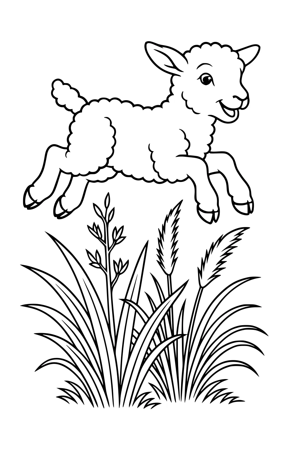 Happy sheep jumping over tall grass and wild plants, smiling with ears up and all four legs in the air.