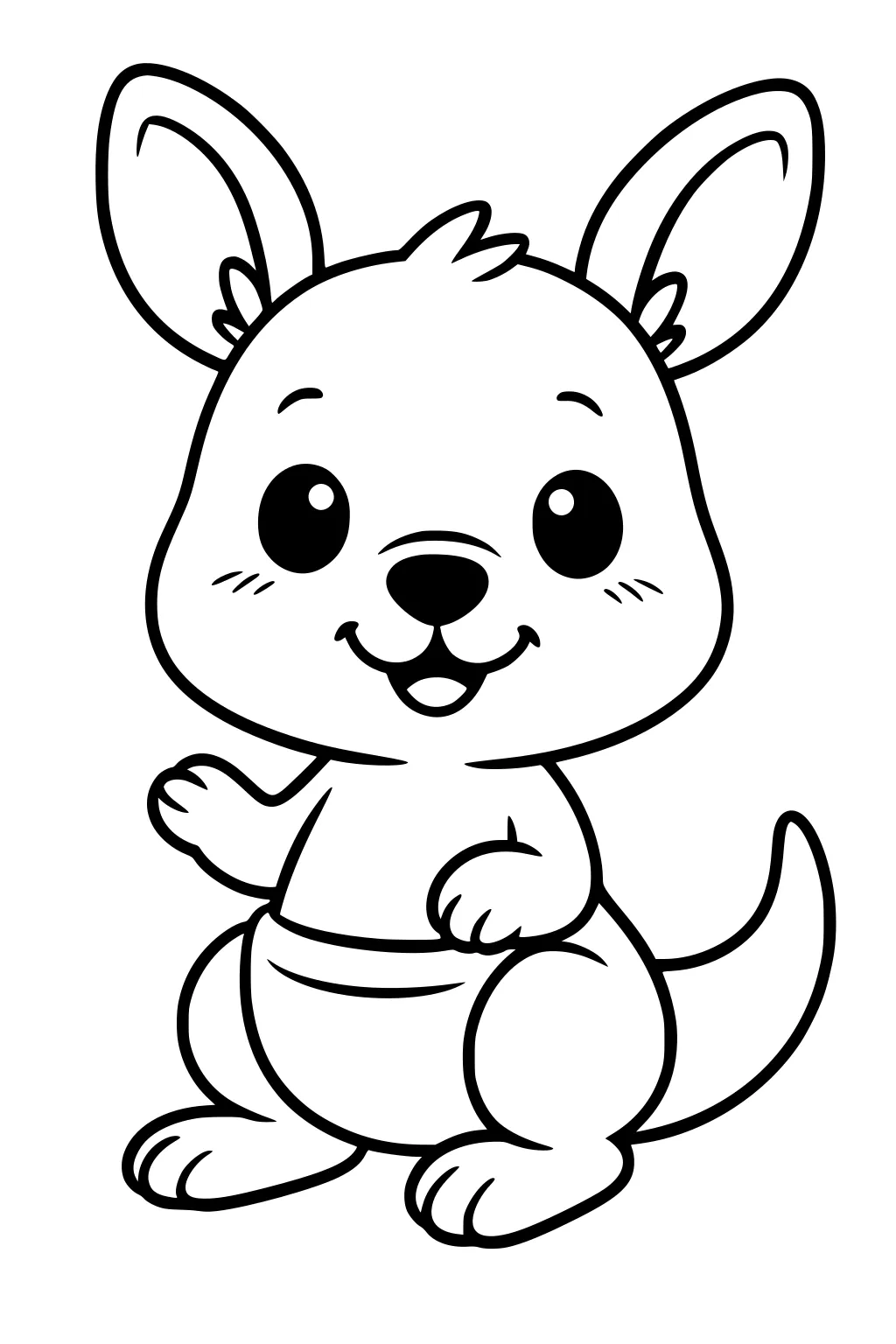 Cartoon baby kangaroo with big ears, happy face, round body and tail, sitting upright with paws up.