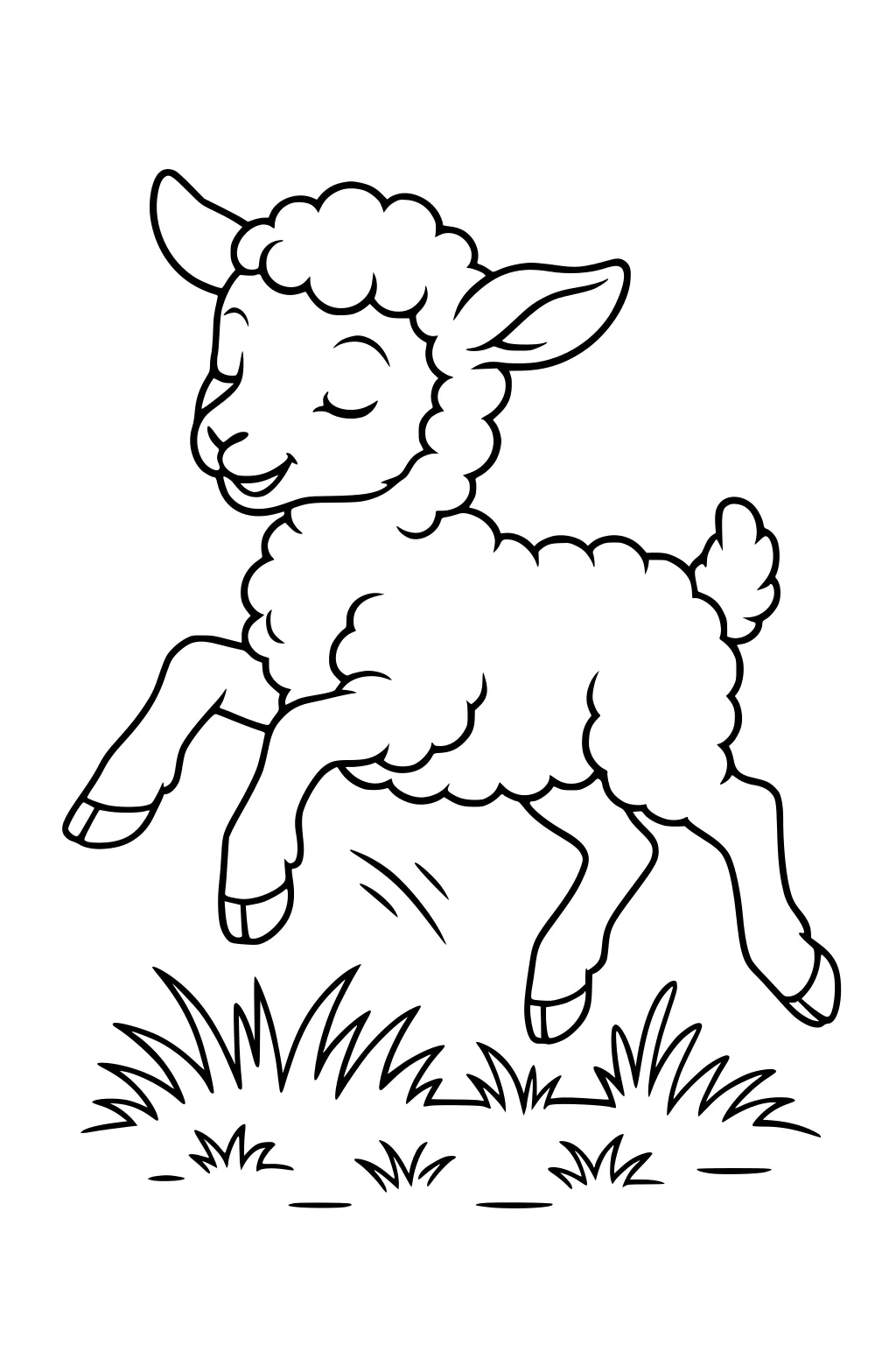 Fluffy lamb with closed eyes jumping over grass, all four legs in the air, curly wool and happy expression.