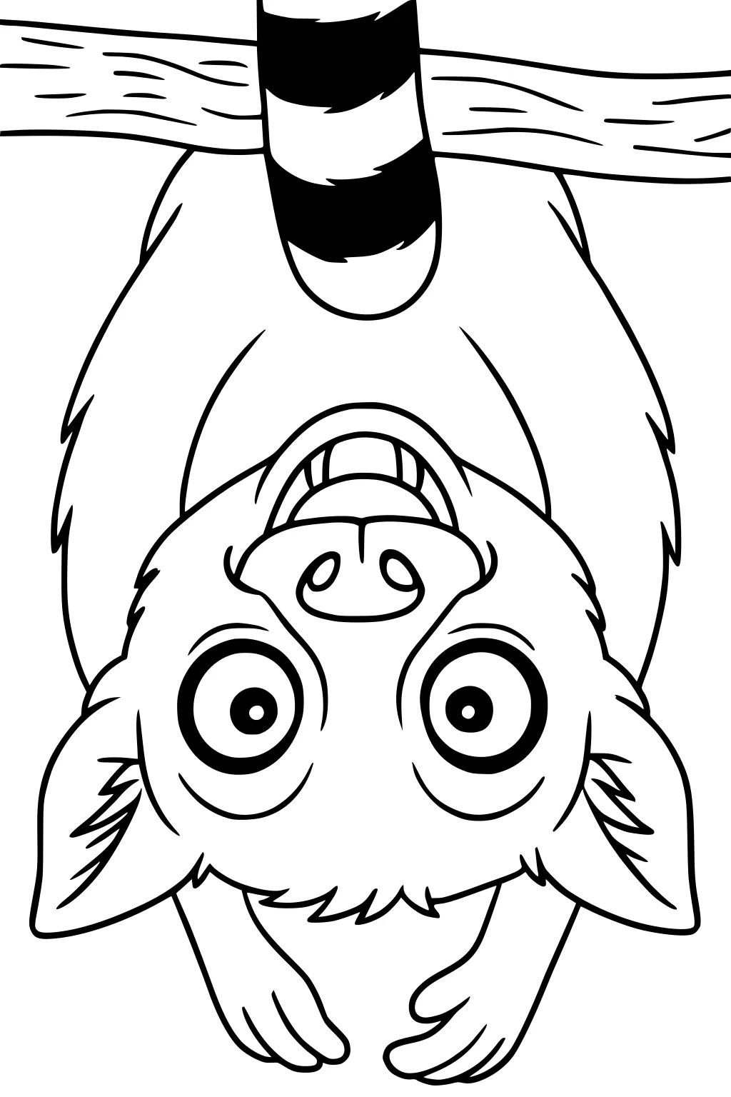 Cartoon lemur hanging upside down from a tree branch, big round eyes, striped tail, and wide grin.