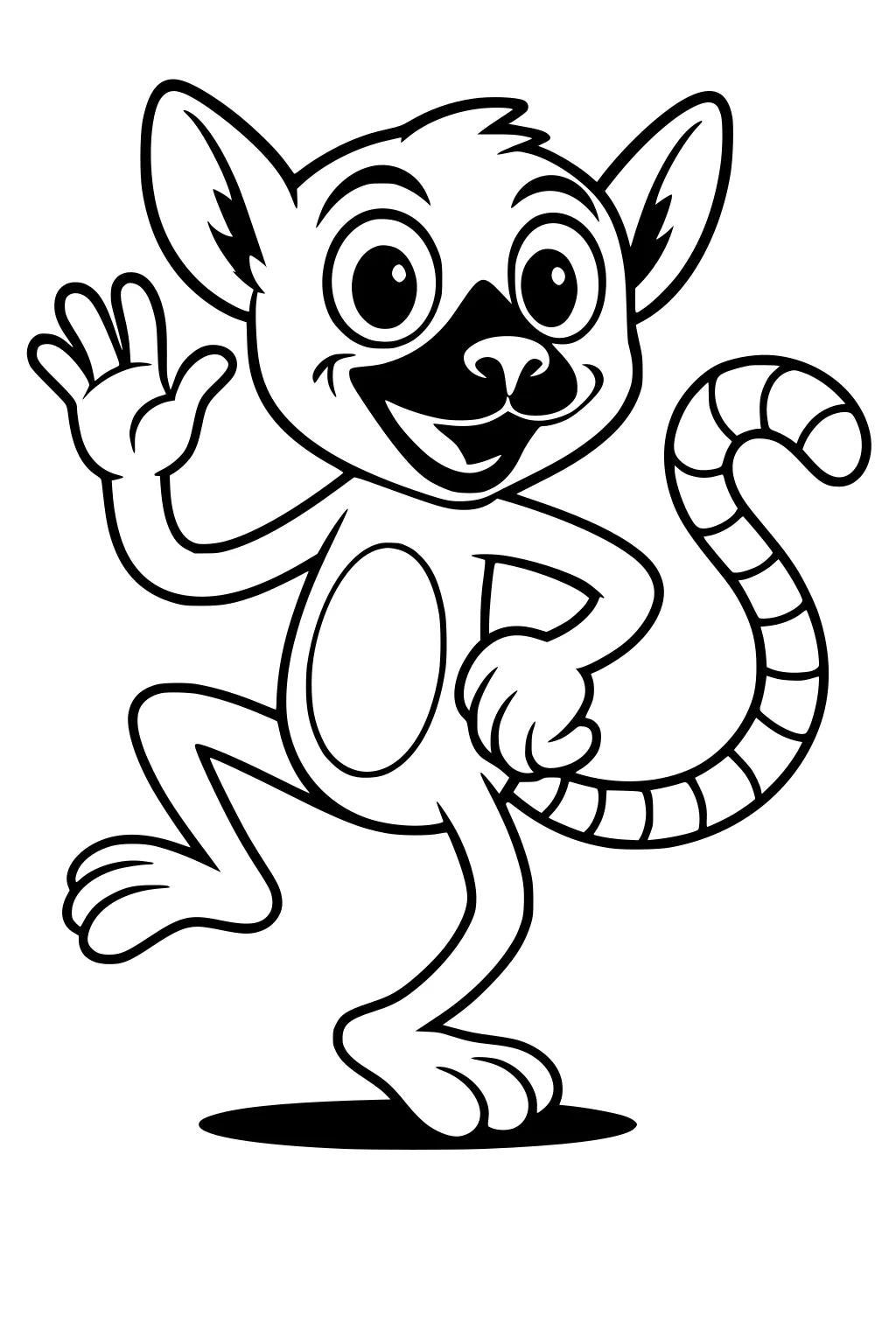 Cartoon lemur with striped tail waving and smiling with big round eyes and standing on one foot.