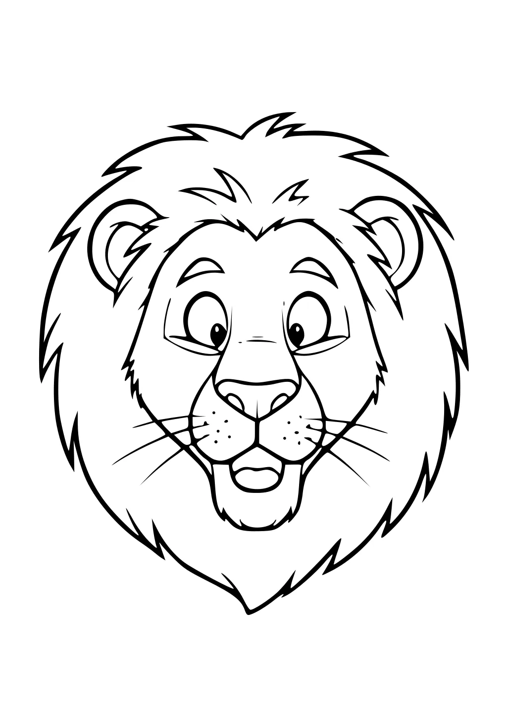 Line drawing of a smiling lion head with big eyes, full mane, round ears, whiskers, and an open mouth.