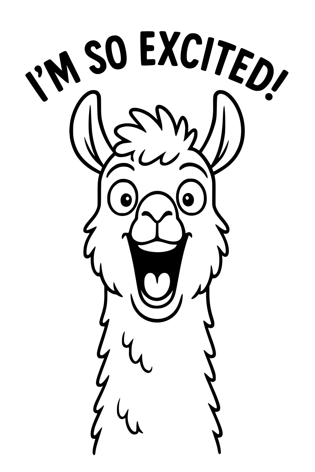 Smiling cartoon llama with fluffy fur, wide open mouth, large eyes, and I'M SO EXCITED! text above.