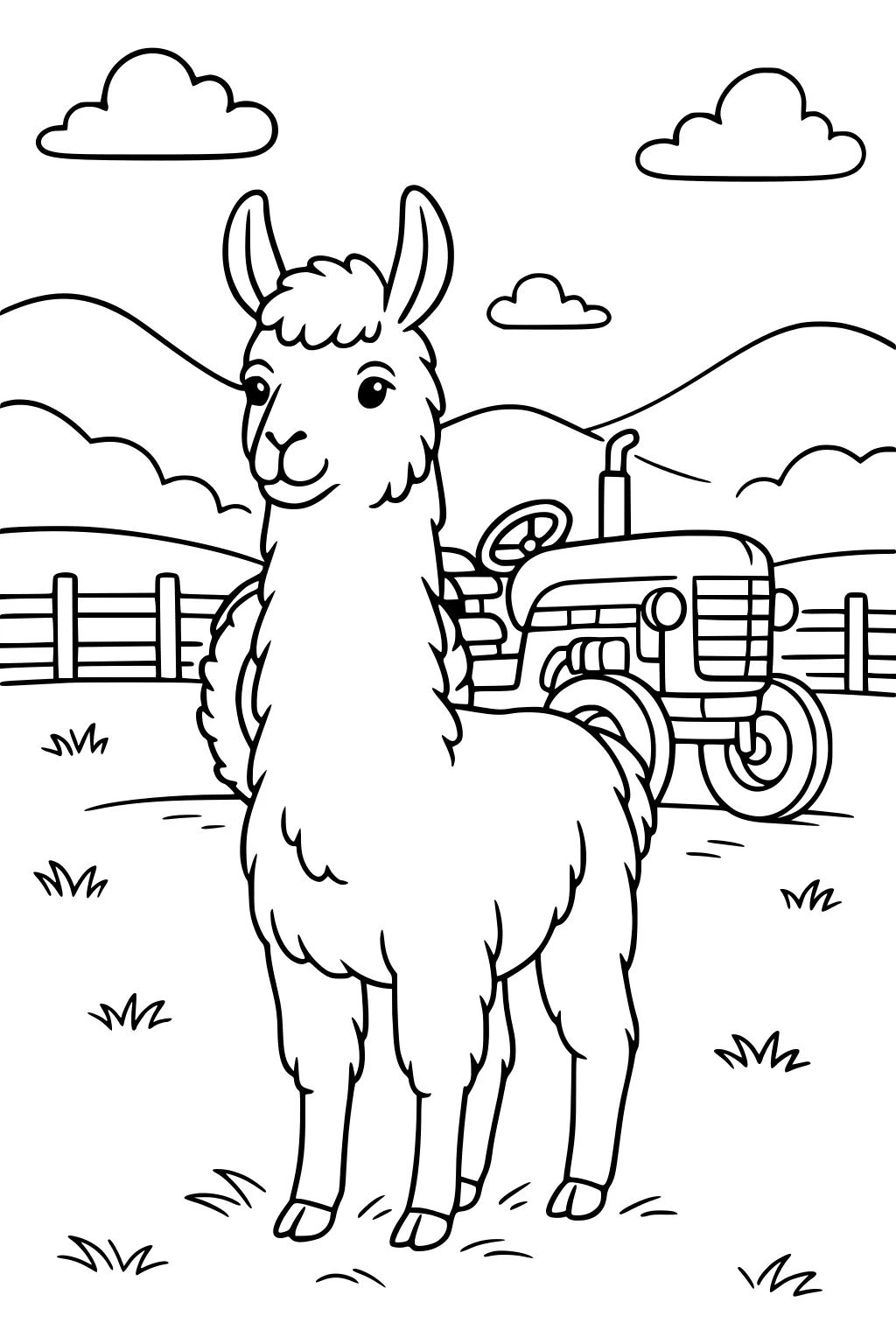 Llama in a field with a tractor, fence, hills, grass, and clouds in the background.