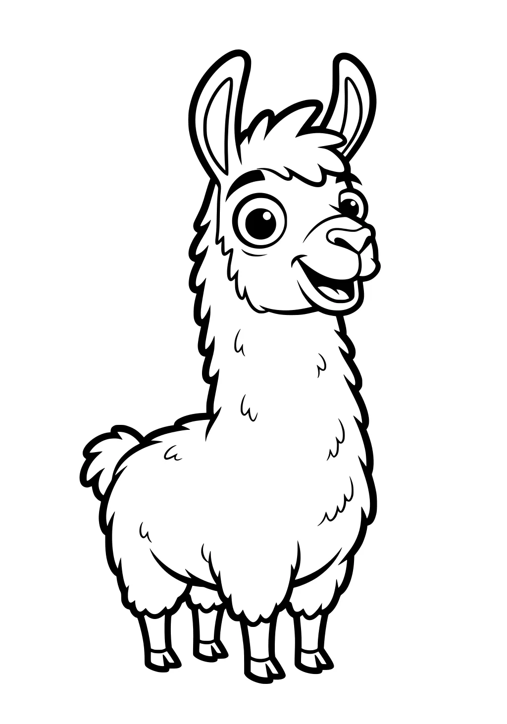 Cartoon llama with fluffy fur, big eyes, open mouth, upright ears, and a curled tail, standing and smiling.