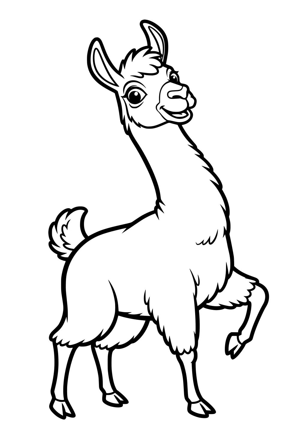 Cartoon-style llama with big eyes, fluffy fur, and one raised front leg, standing and smiling.
