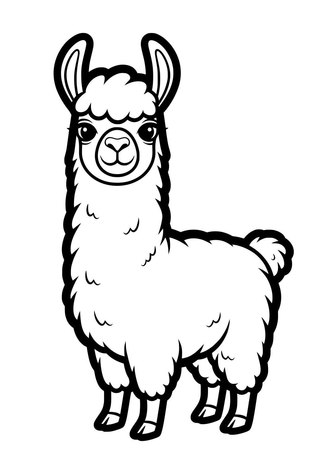 Cartoon llama with fluffy fur, upright ears, round face, big eyes, short tail, and four legs on a white background.