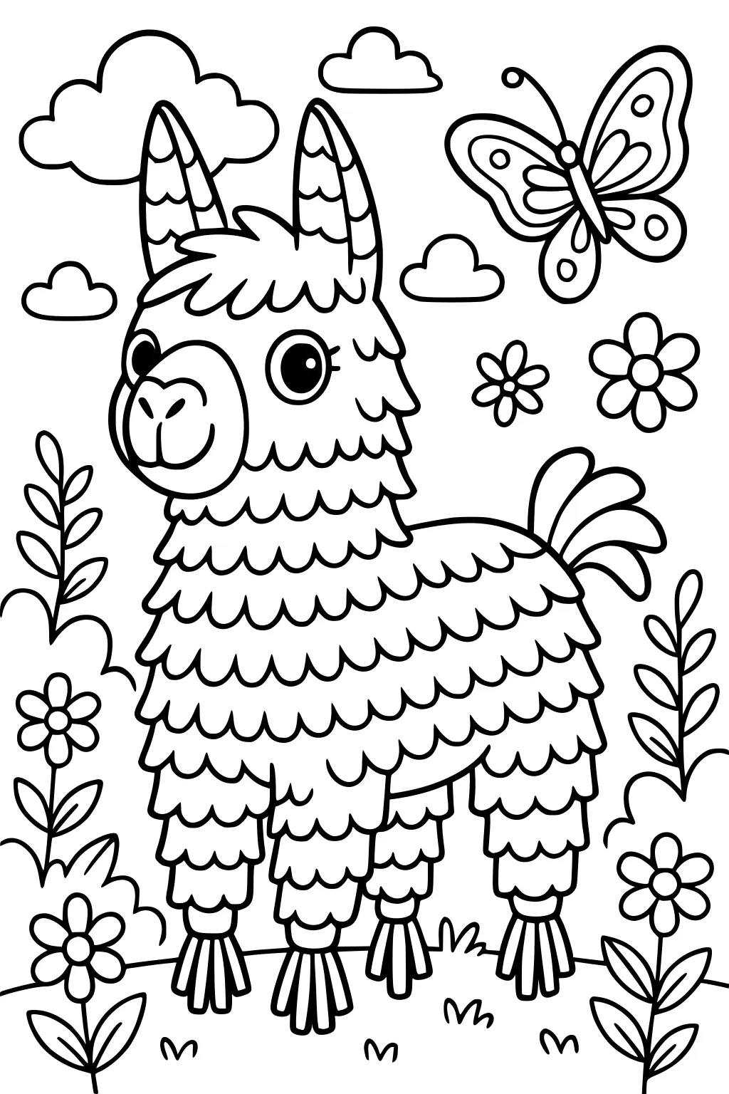 Llama with fluffy fur in a flower-filled field, butterfly in the sky, clouds and plants in the background.