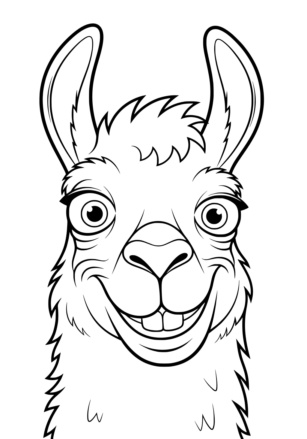 Front view of a smiling llama’s face with big eyes, upright ears, fluffy fur, and a wide toothy grin outlined in black.