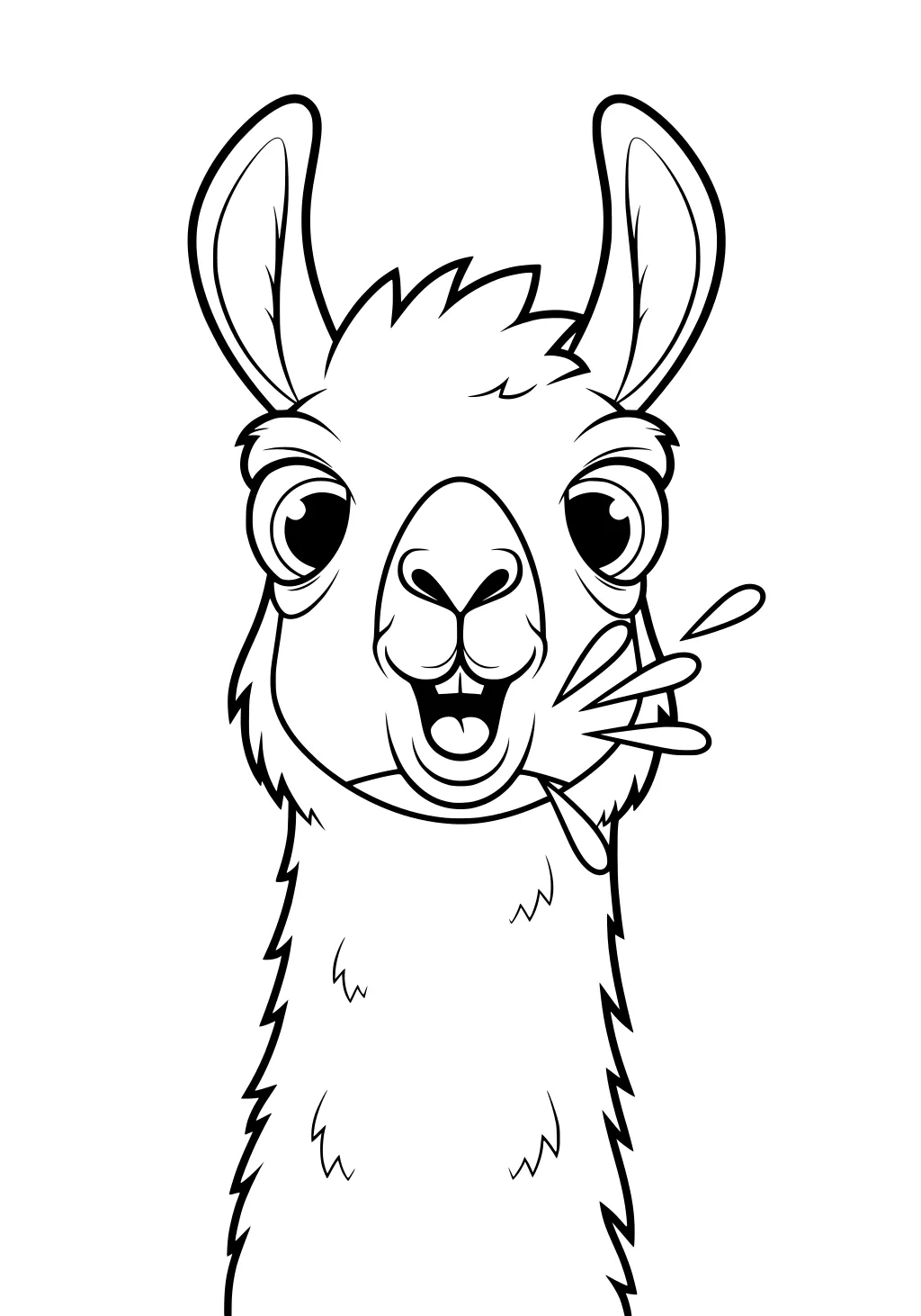 Cartoon llama with wide eyes, long ears, and a sprig of grass in its mouth, facing forward.